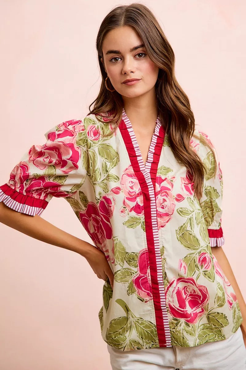 Floral woven blouse on model