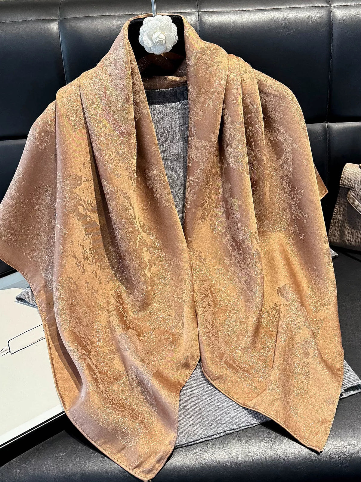 Neutral silky square scarf styled