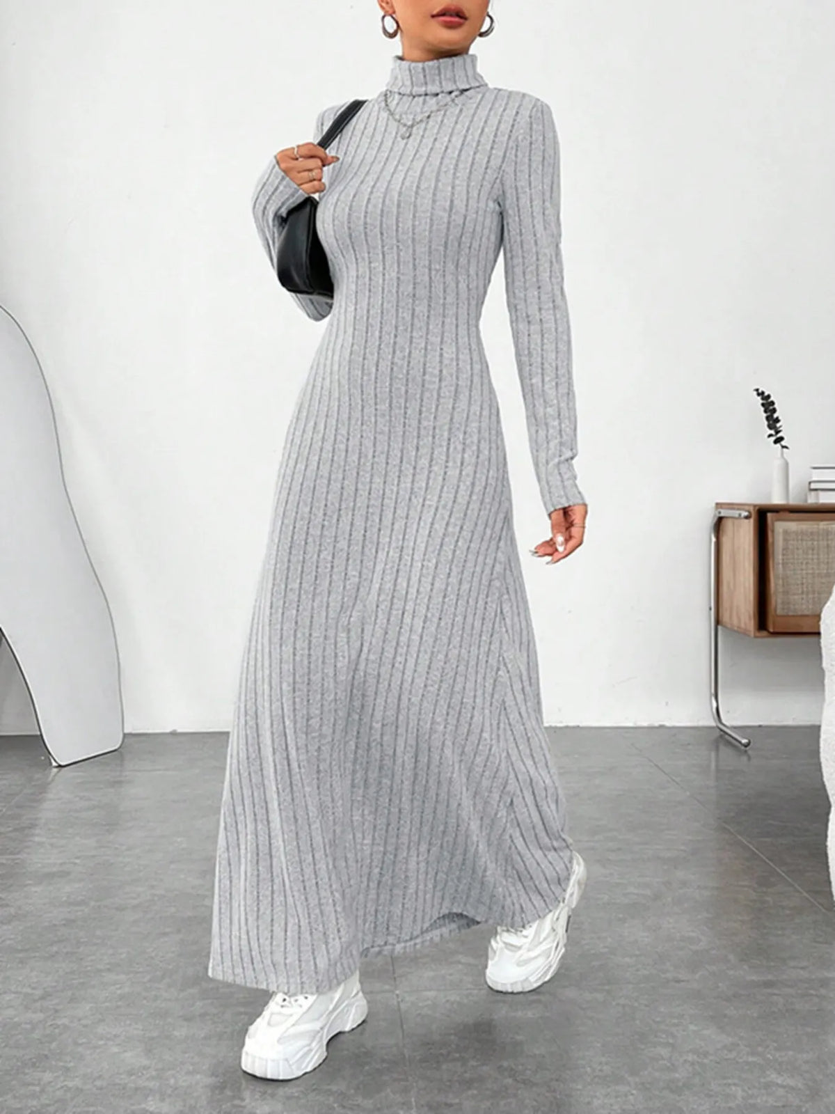 Gray Ribbed turtleneck maxi sweater dress, sleeve and cuff detail