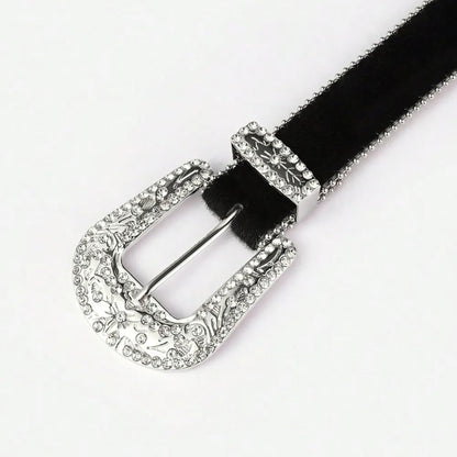 PU Leather Inlaid Rhinestone Belt - Fashorio