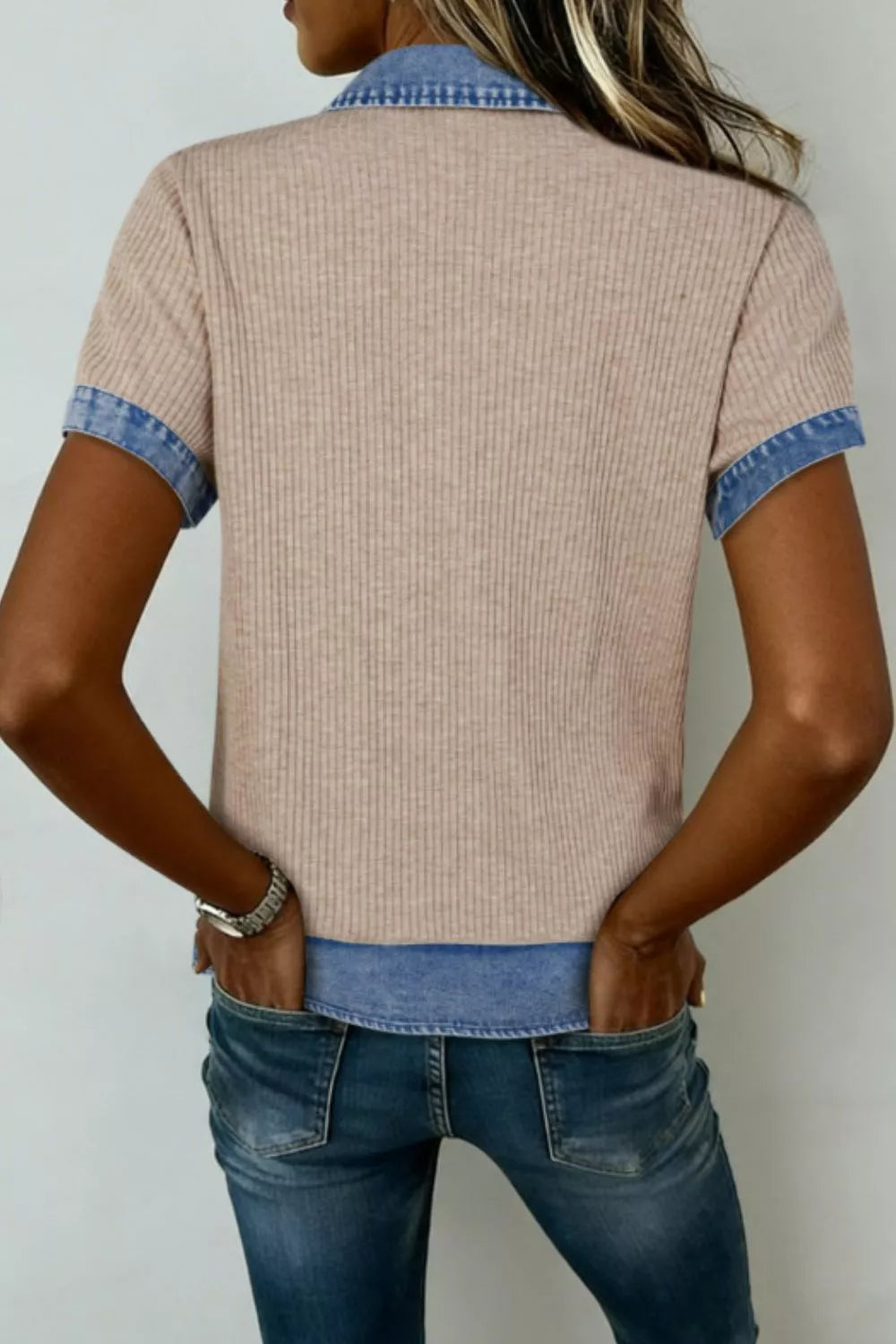 Mocha ribbed knit top with denim collar side view