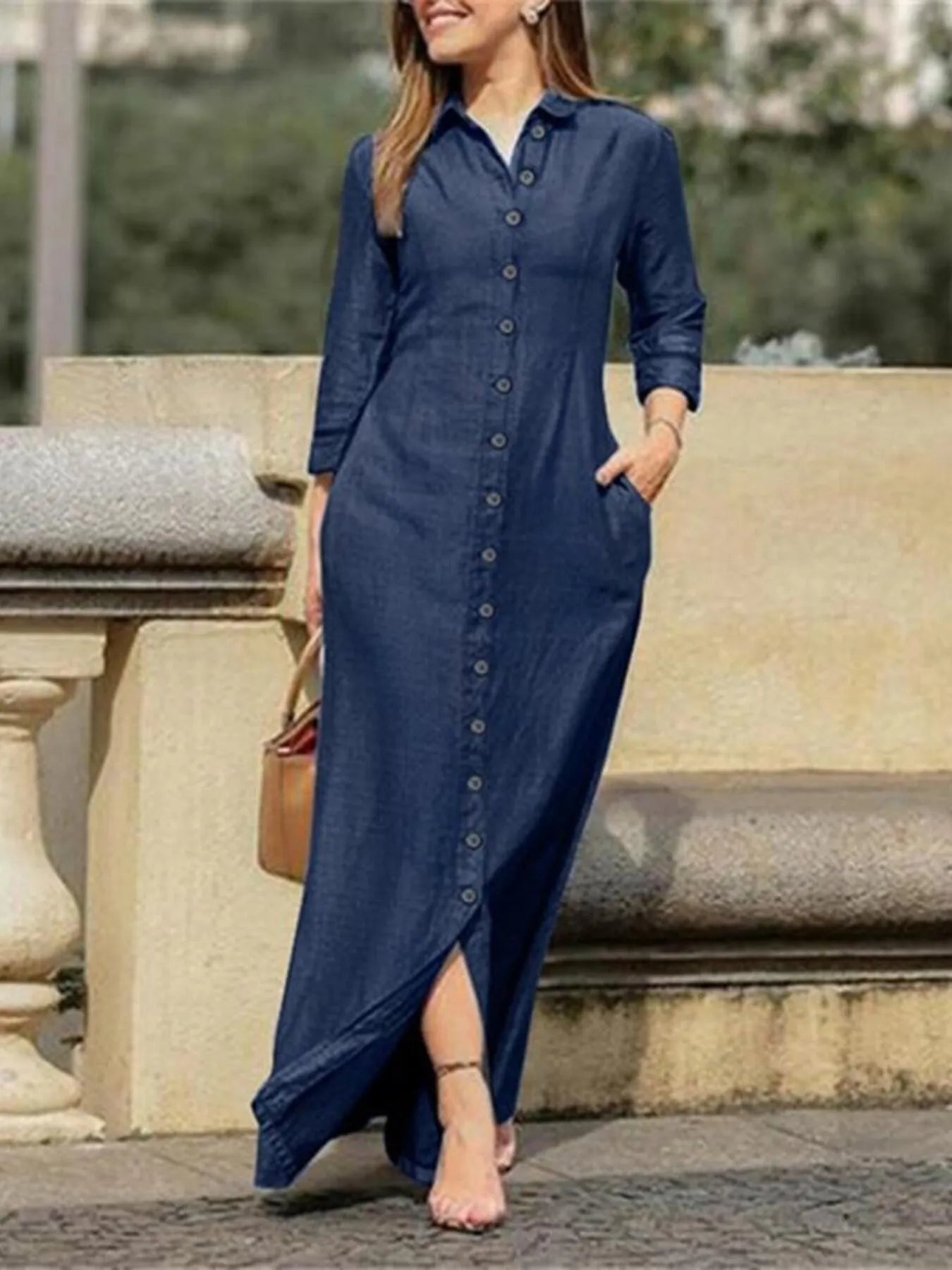 Full Size Button-Down Maxi Denim Dress Plus Size - Fashorio