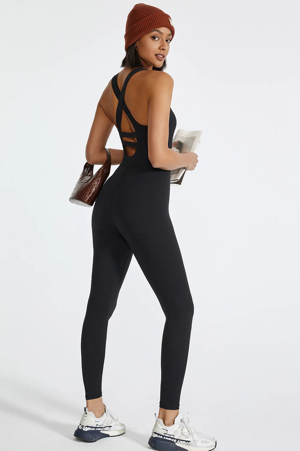 Crisscross back wide strap active jumpsuit back view