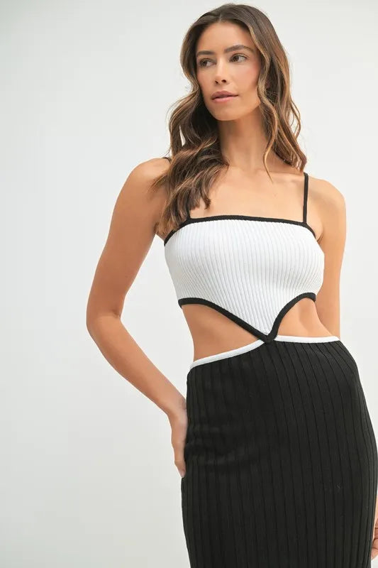 Ribbed Knit Cut Out Color Block Midi Dress in Black view 9