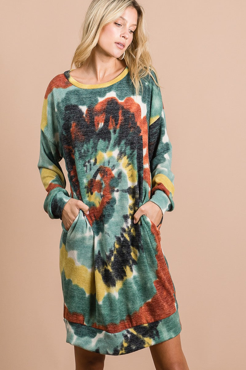 Tie dye print knit dress in rust and olive