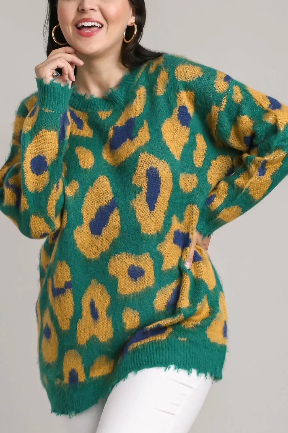 Leopard Distressed Rib Sweater Plus Size in Green back view