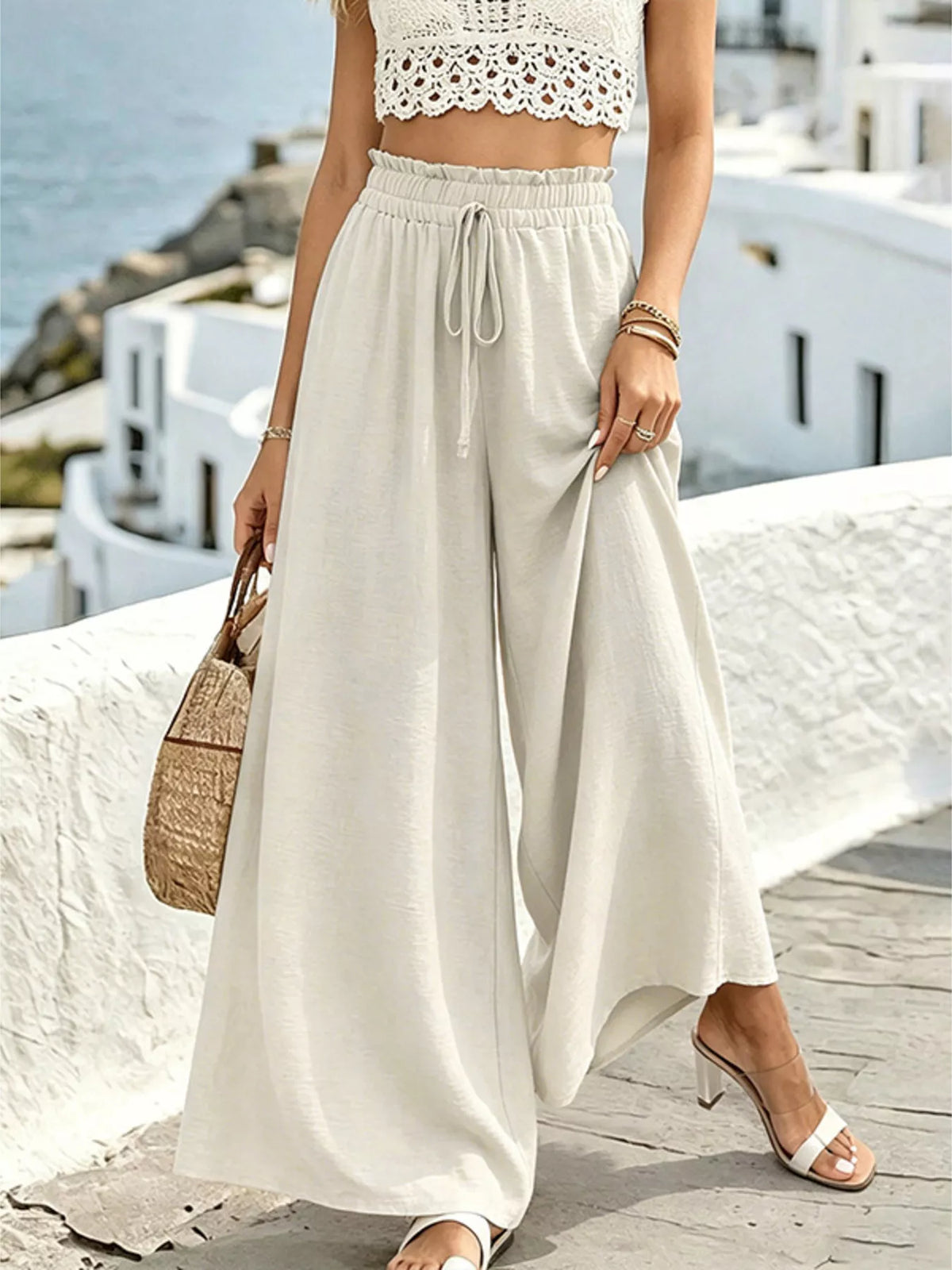 Green wide leg drawstring pants front view