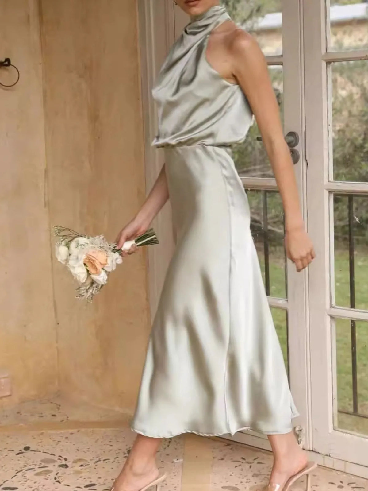 asymmetrical ruched sleeveless midi dress back view