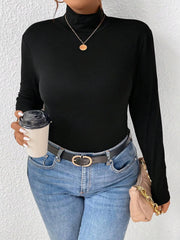 Plus Size Long Sleeve Fitted Turtleneck T-Shirt Black - Fashorio