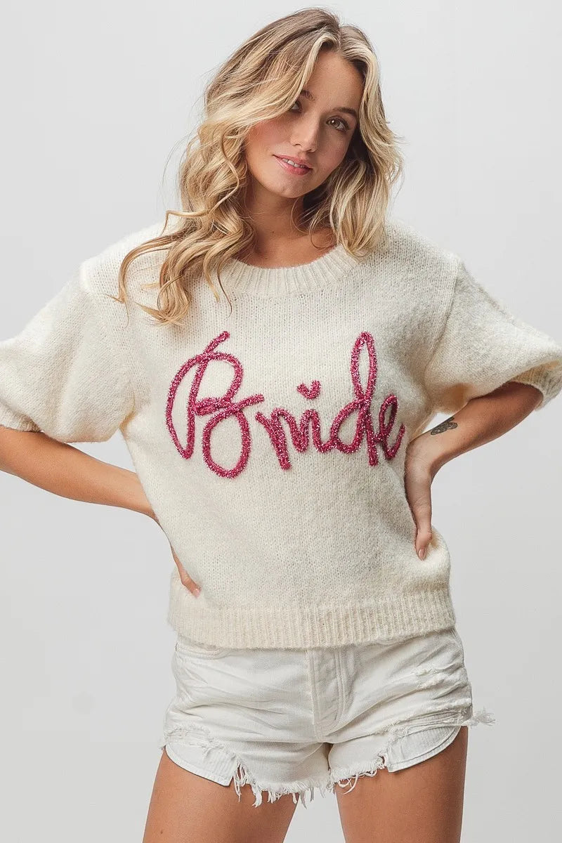 Metallic Letter Fuzzy Puff Sleeve Top in Ivory styled look