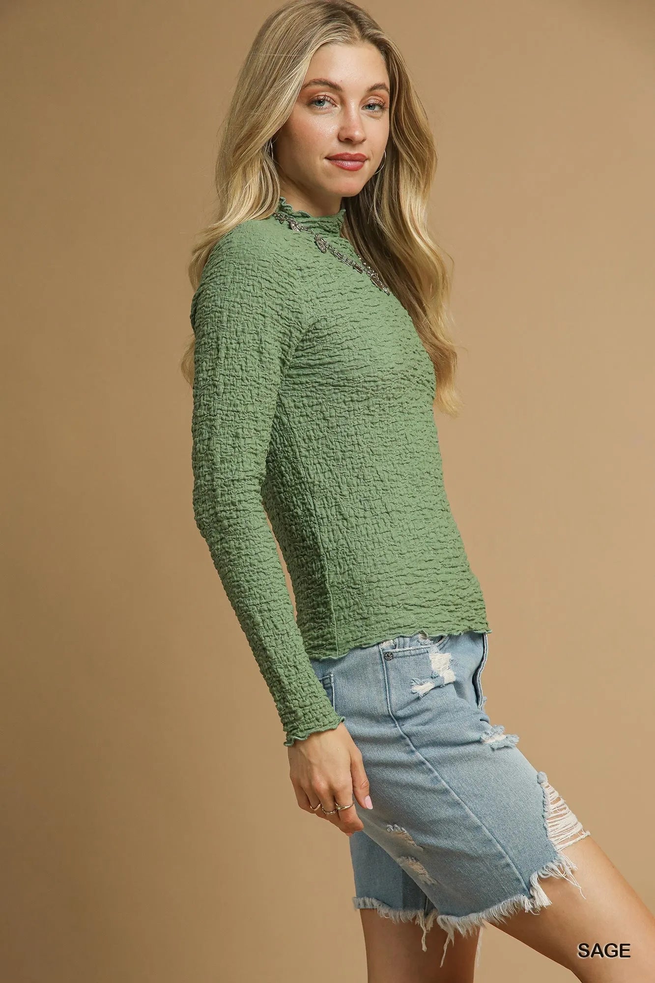 Umgee Textured Crinkle Knit Long Sleeve Top - Fashorio