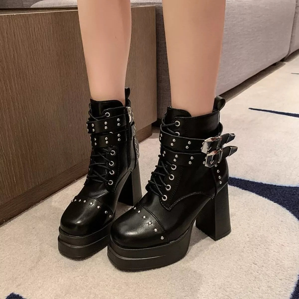 Round toe high block heel boots angled view