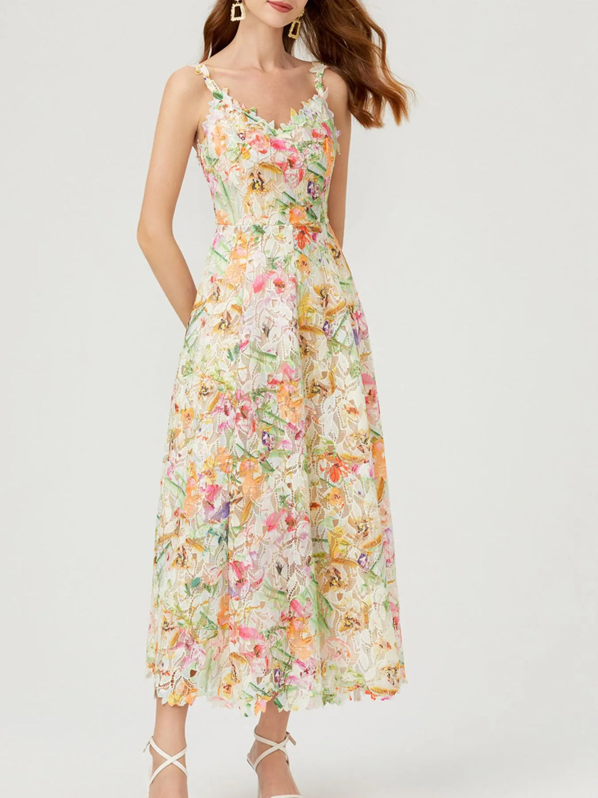 Floral Lace Sleeveless V Neck Midi Dress side view