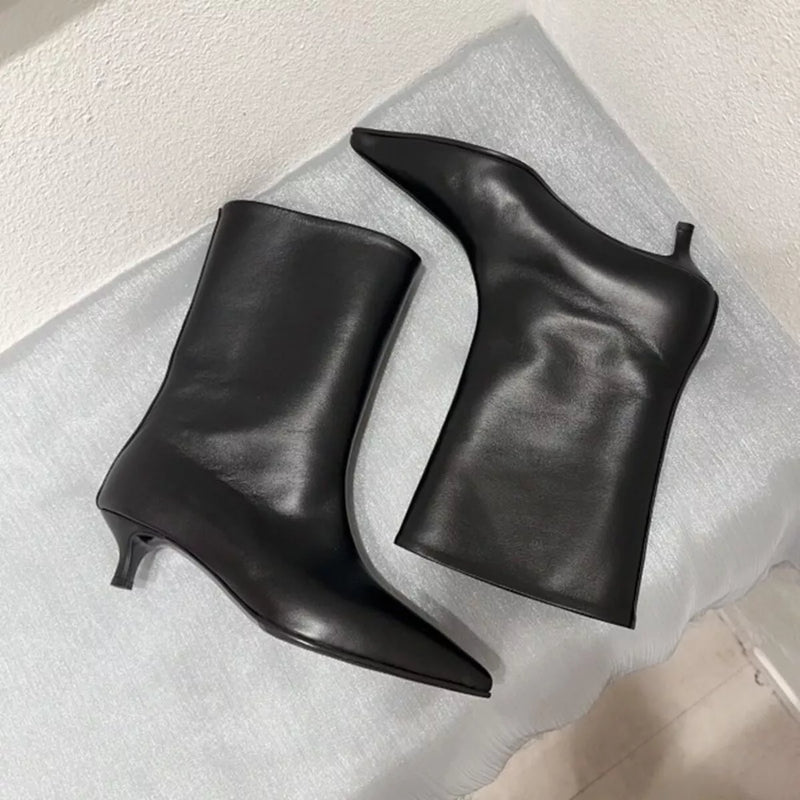 Black point toe kitten heel boots front view
