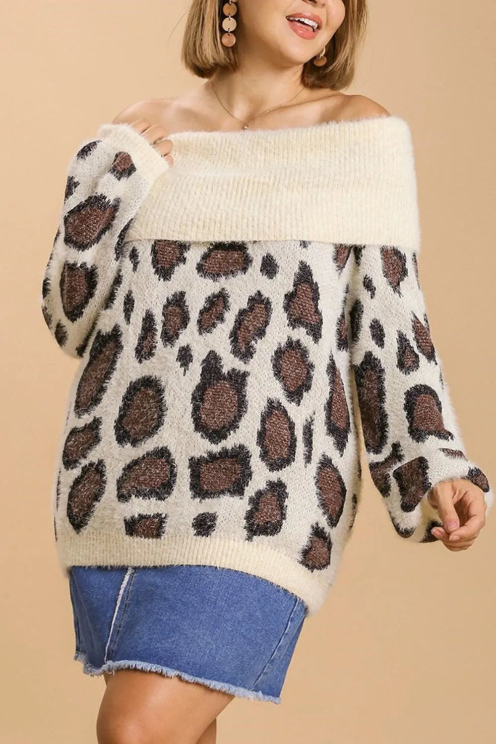 Leopard Off Shoulder Long Sleeve Sweater Plus Size in Cream styled look
