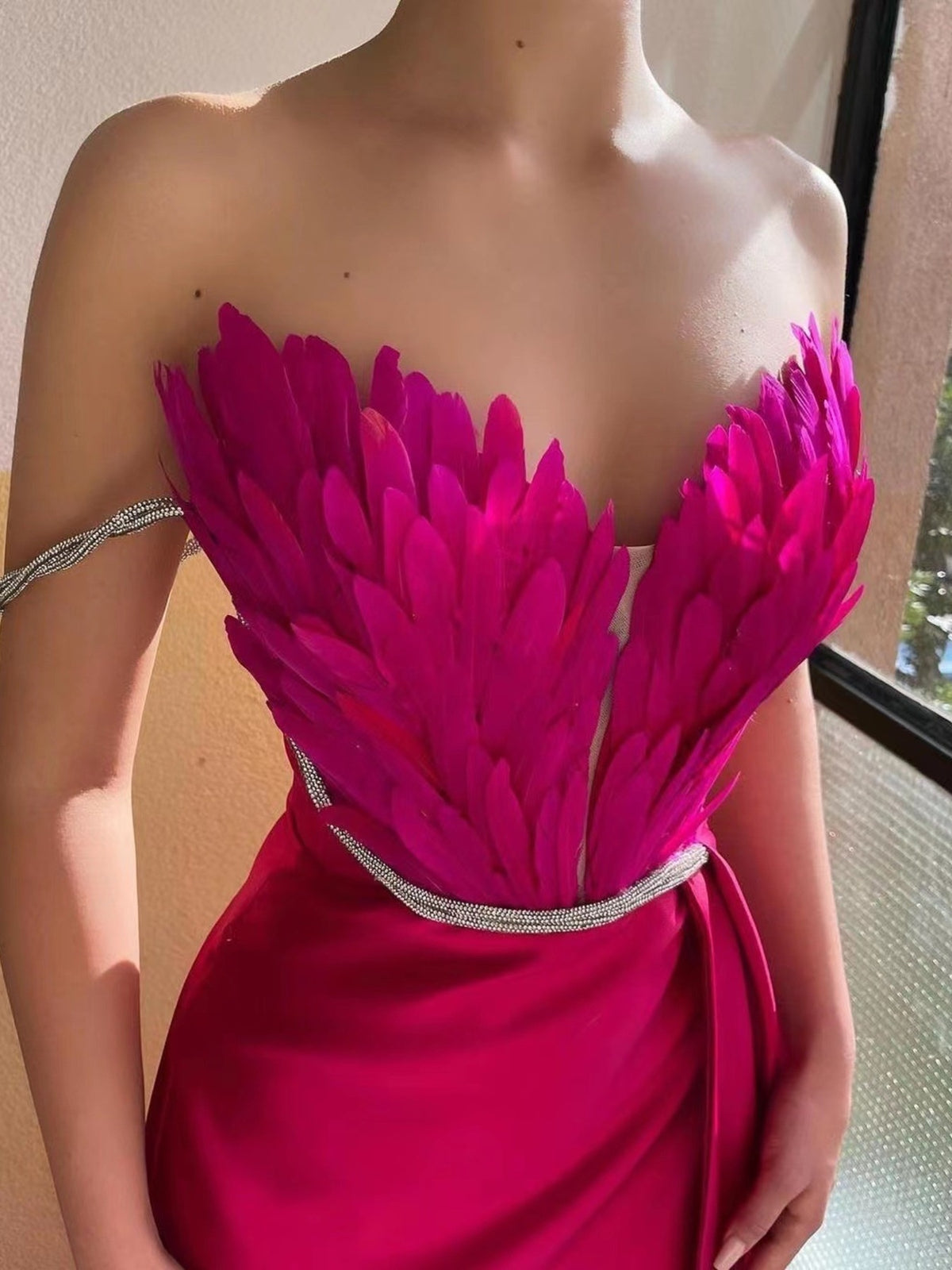 feather trim slit maxi dress sleeve detail