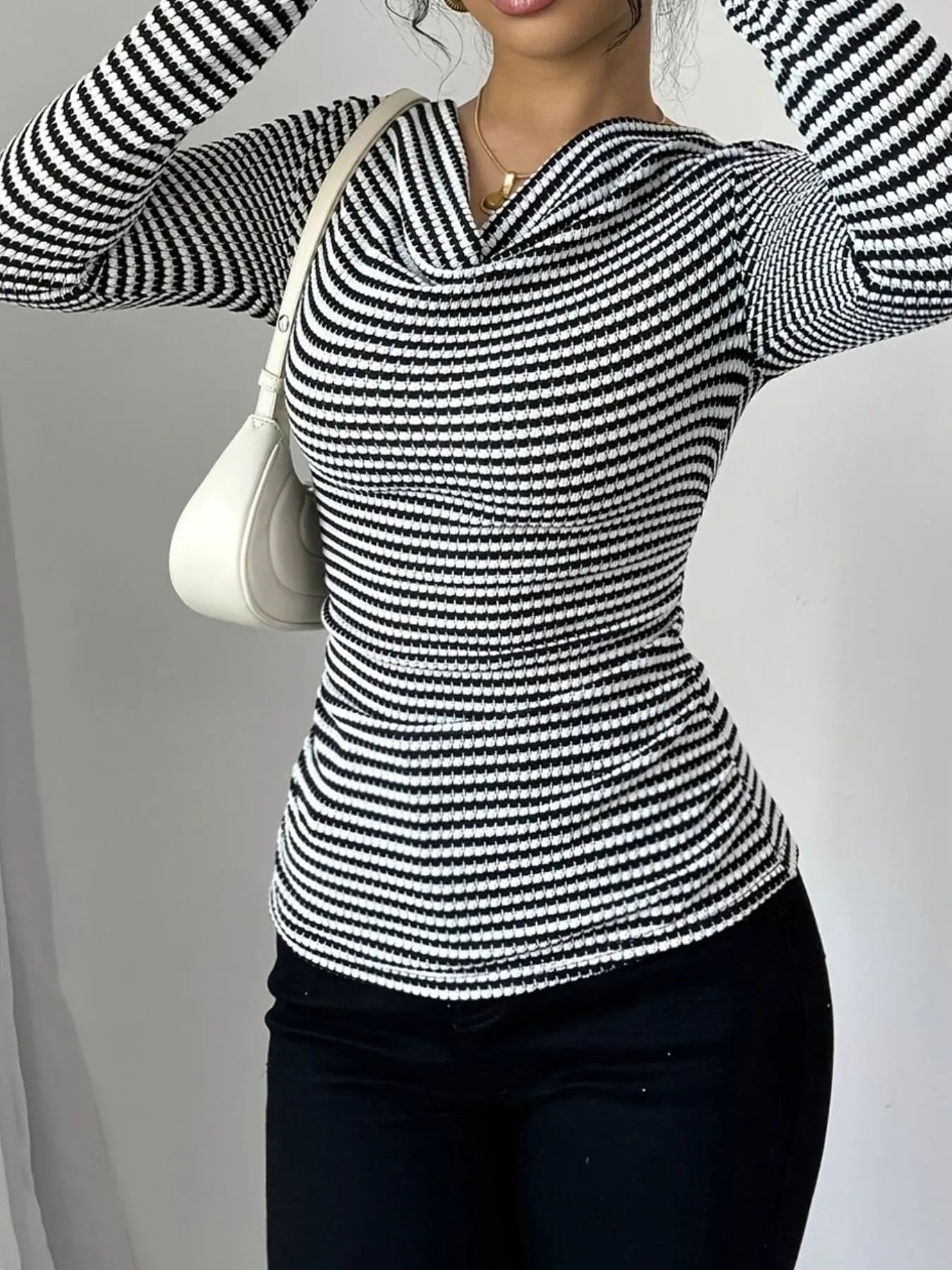 Striped Cowl Neck Long Sleeve T-Shirt - Fashorio