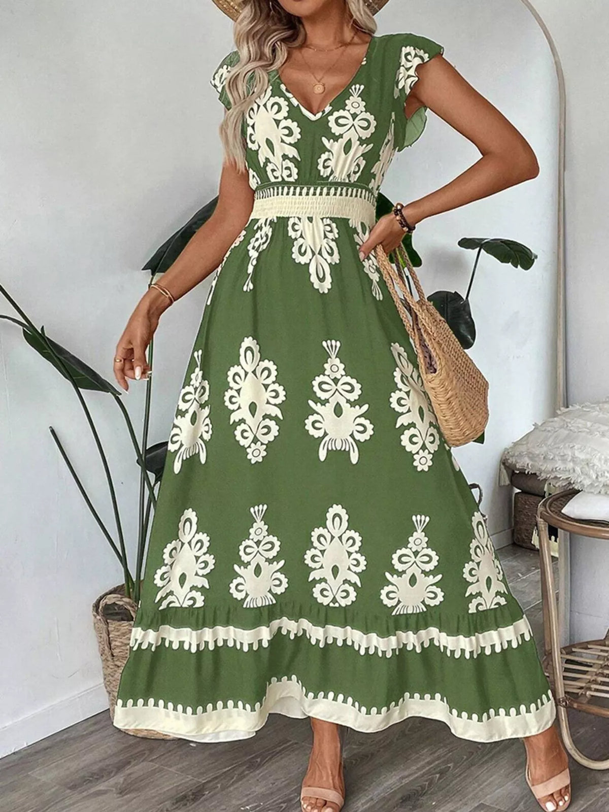 ruffle print v neck maxi dress back detail