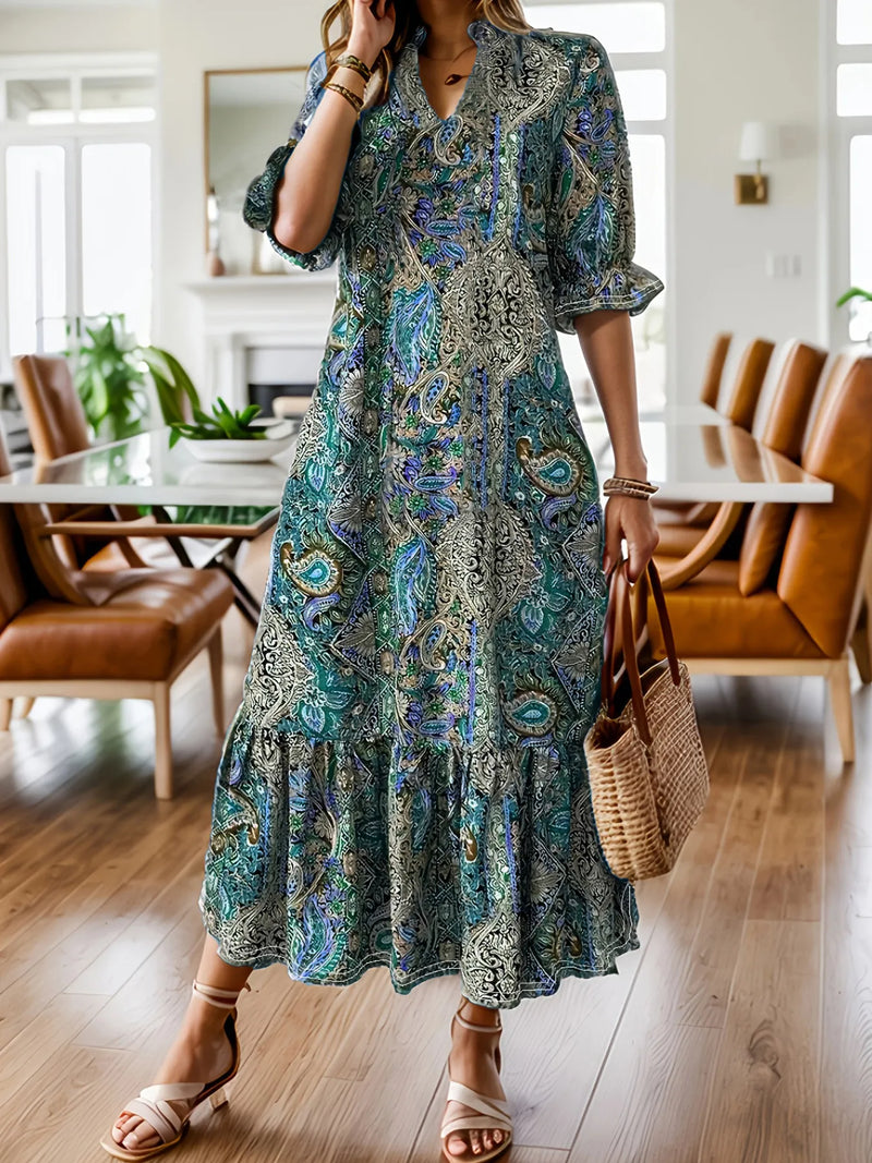 Bohemian paisley ruffle hem midi dress front