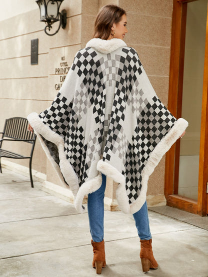 Checkered Faux Fur Trim Poncho - Fashorio