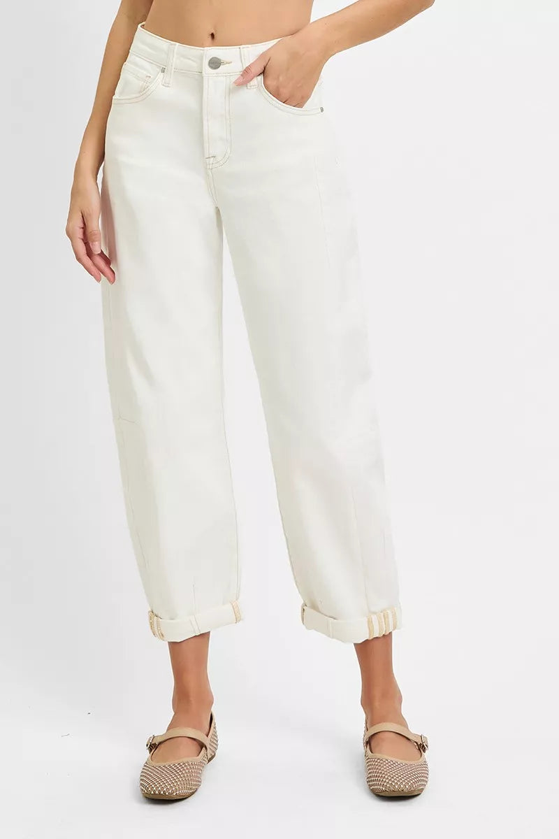 RISEN cream barrel jeans side view