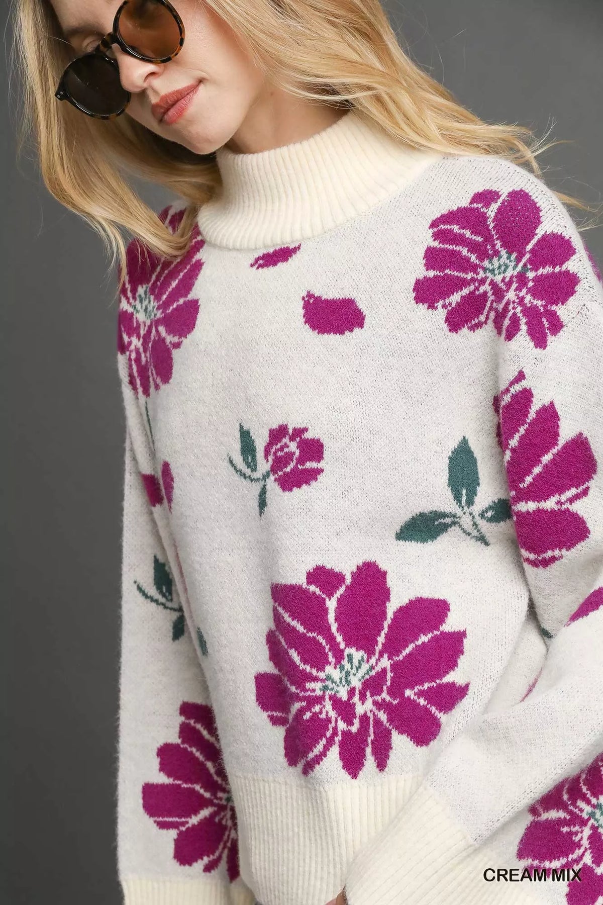 Floral Pattern Mock Neck Sweater in Cream styled look