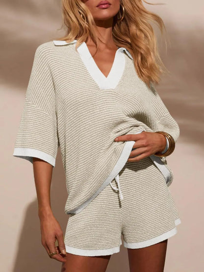 Collared Neck Contrast Striped Top and Shorts Sweater Set Apricot - Fashorio