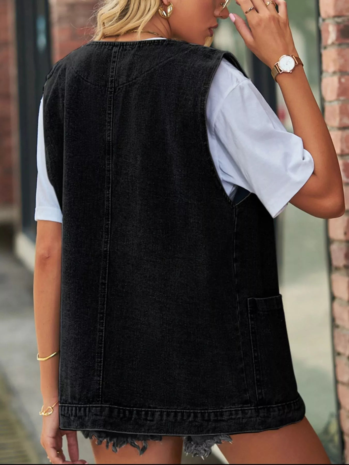 Sleeveless Button Down Denim Vest in Light Blue view 8