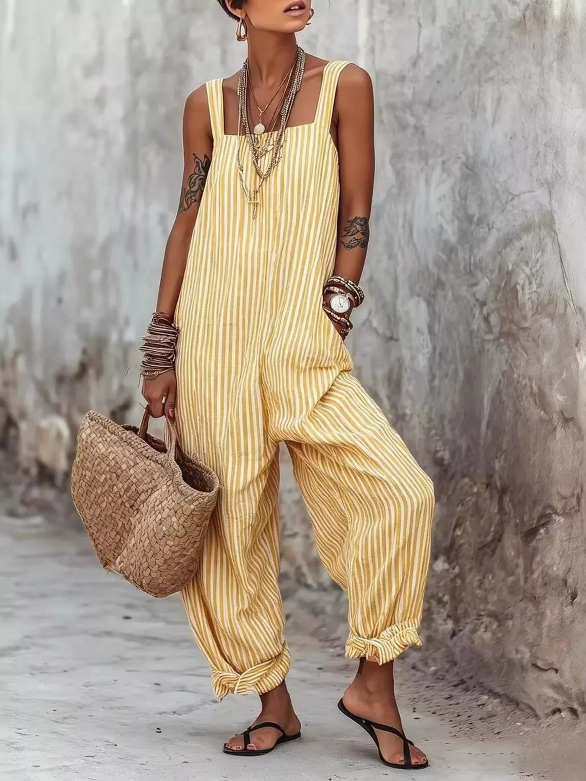 Striped jumpsuit pocket detail