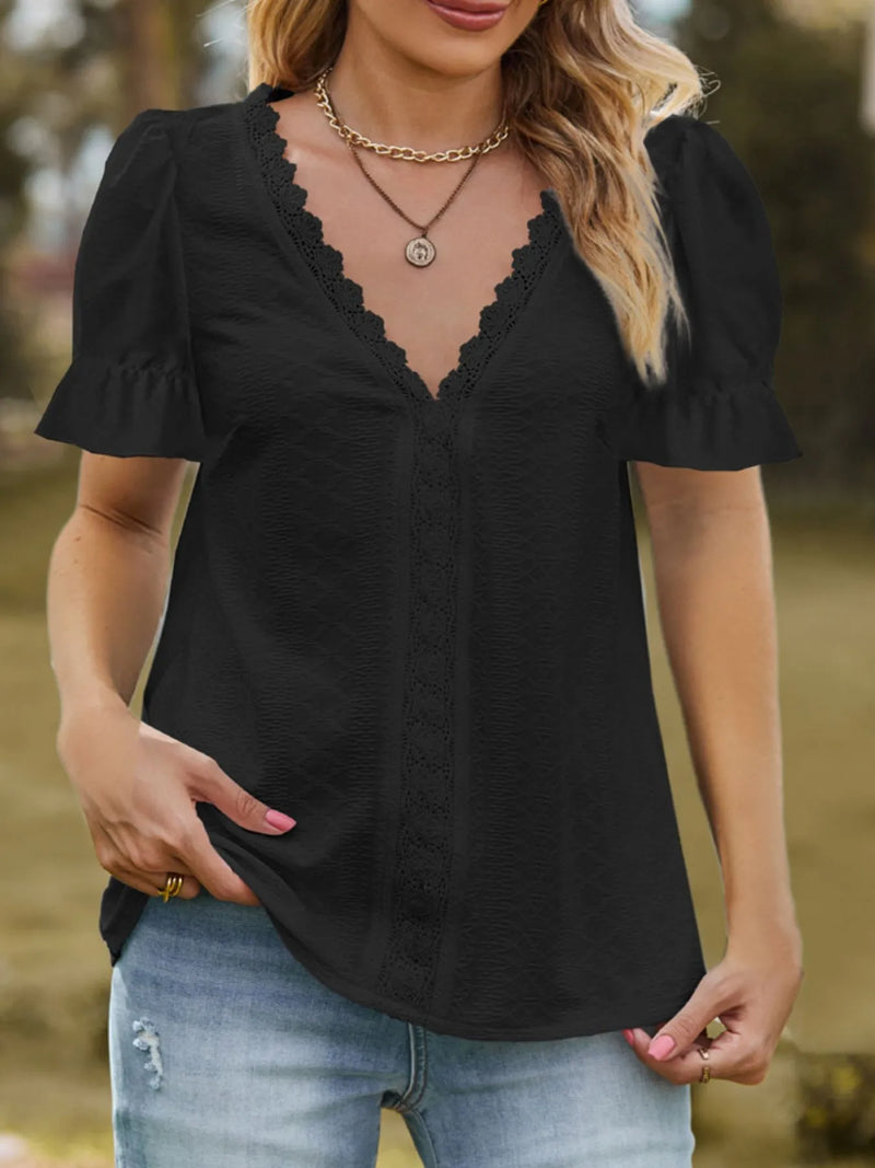 Lace trim V neck puff sleeve blouse front view