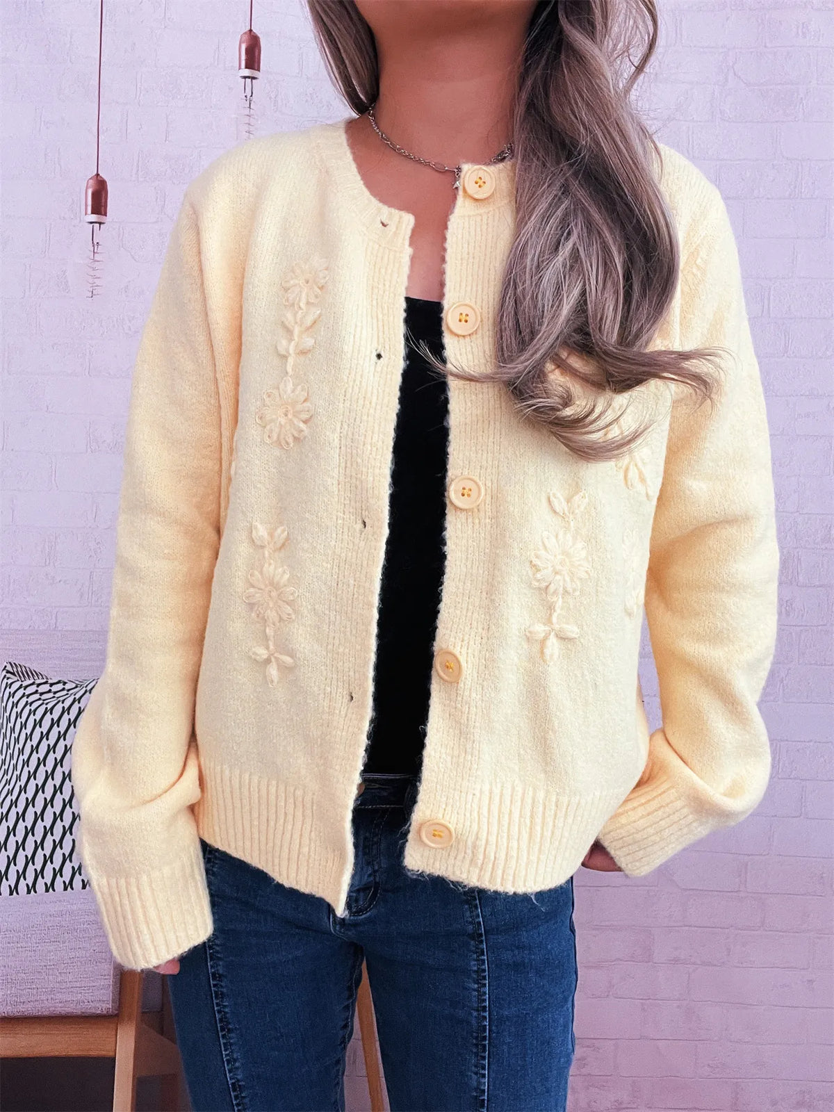 floral embroidered button up ribbed cardigan knit texture detail
