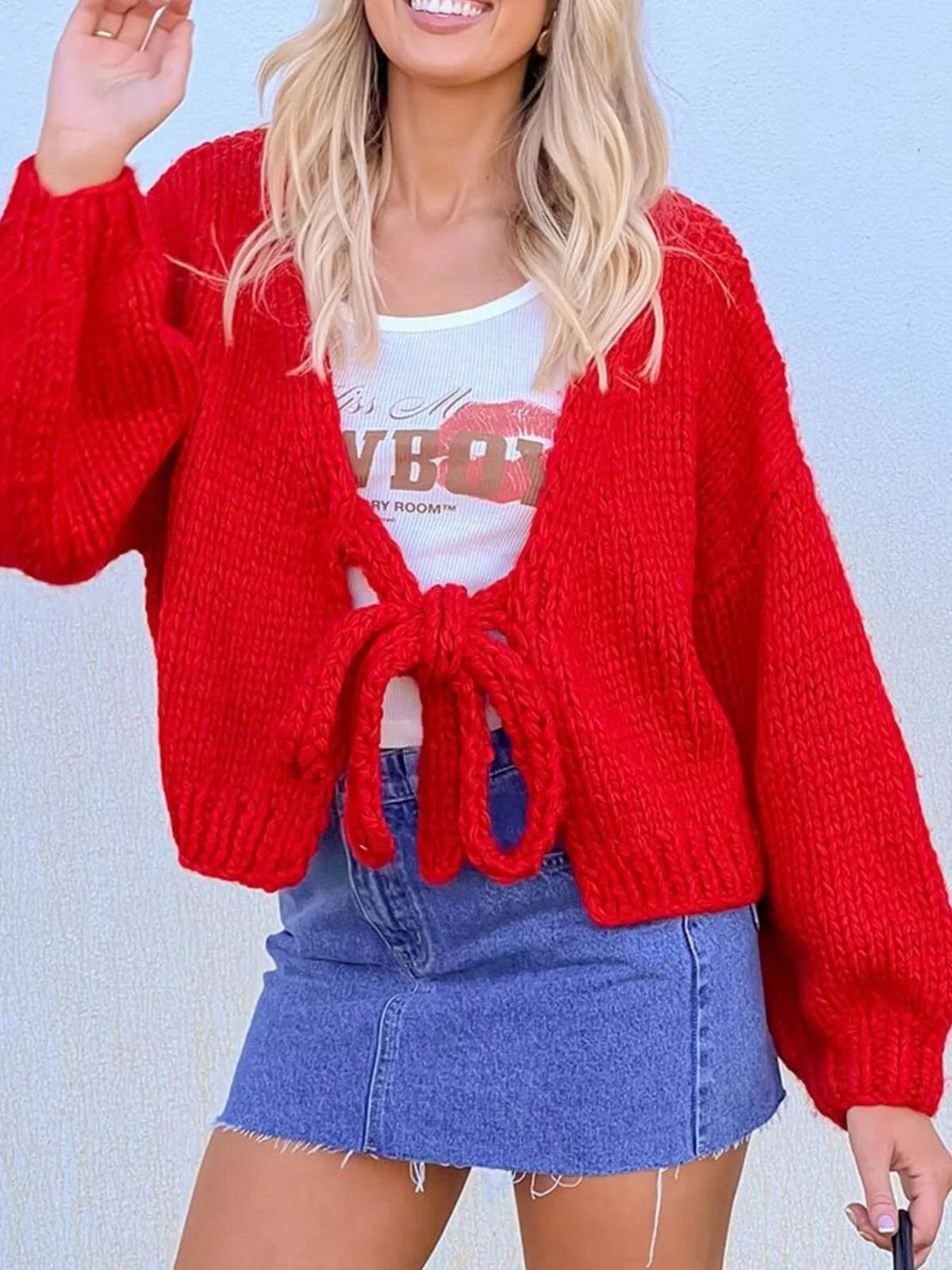 Chunky knit cardigan tie front detail