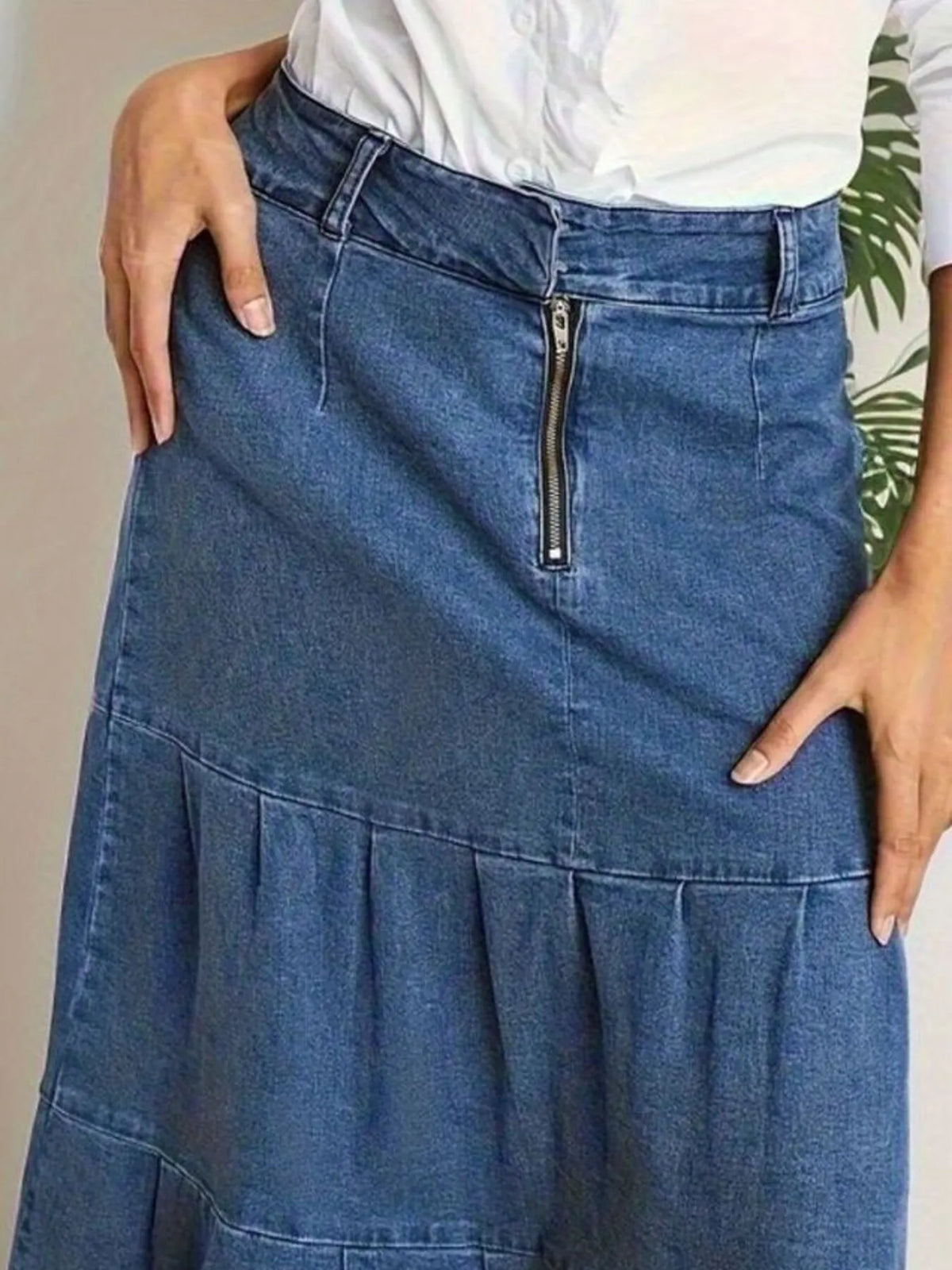 Tiered blue denim maxi skirt, back view