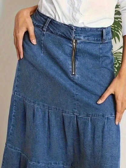Tiered Maxi Denim Skirt with Zipper Detail - Fashorio