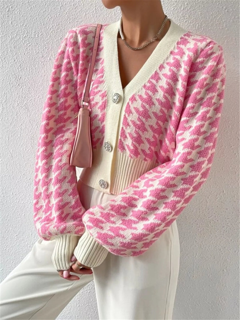 houndstooth v neck button up cardigan front view
