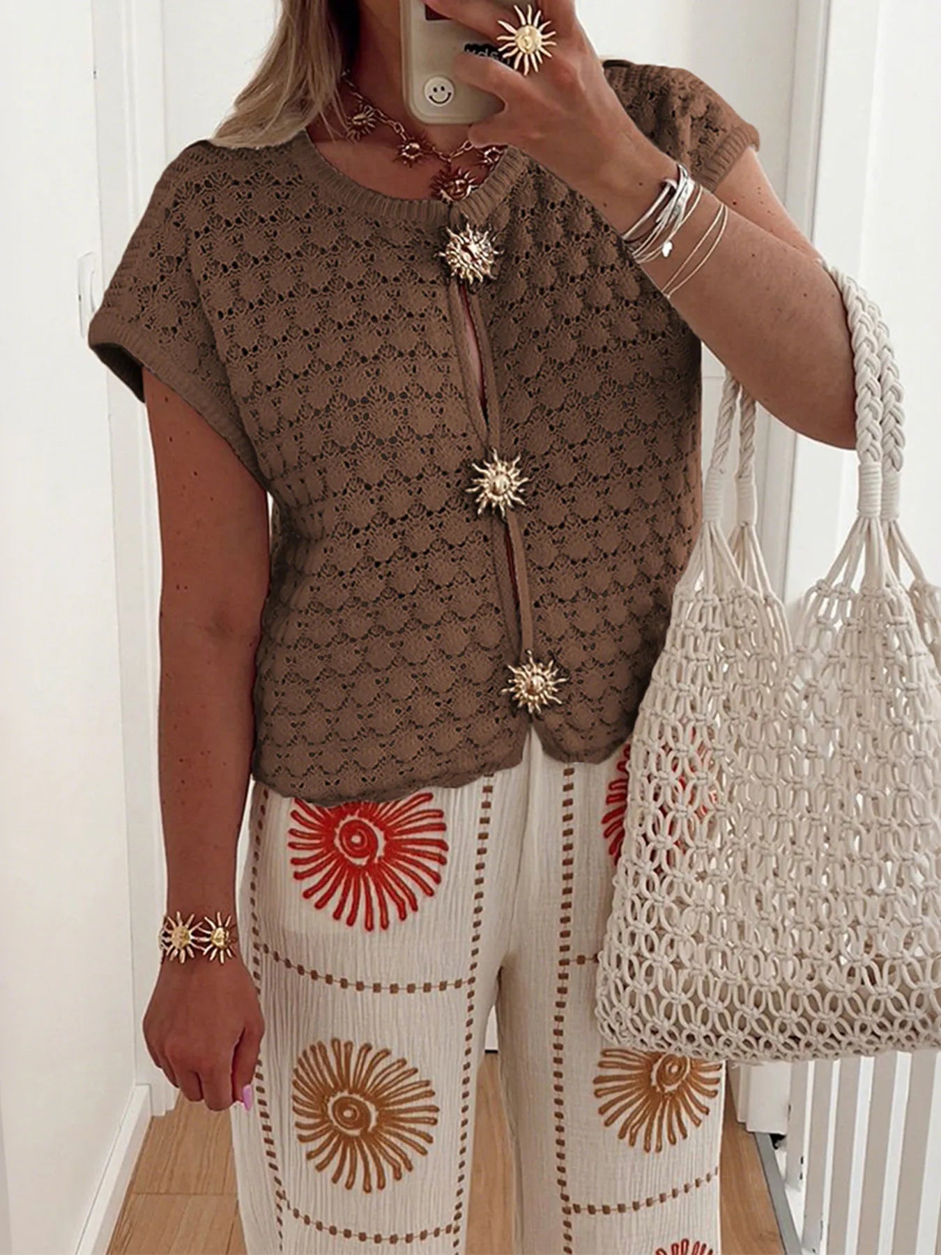 Crochet Short Sleeve Button Front Cardigan Brown - Fashorio