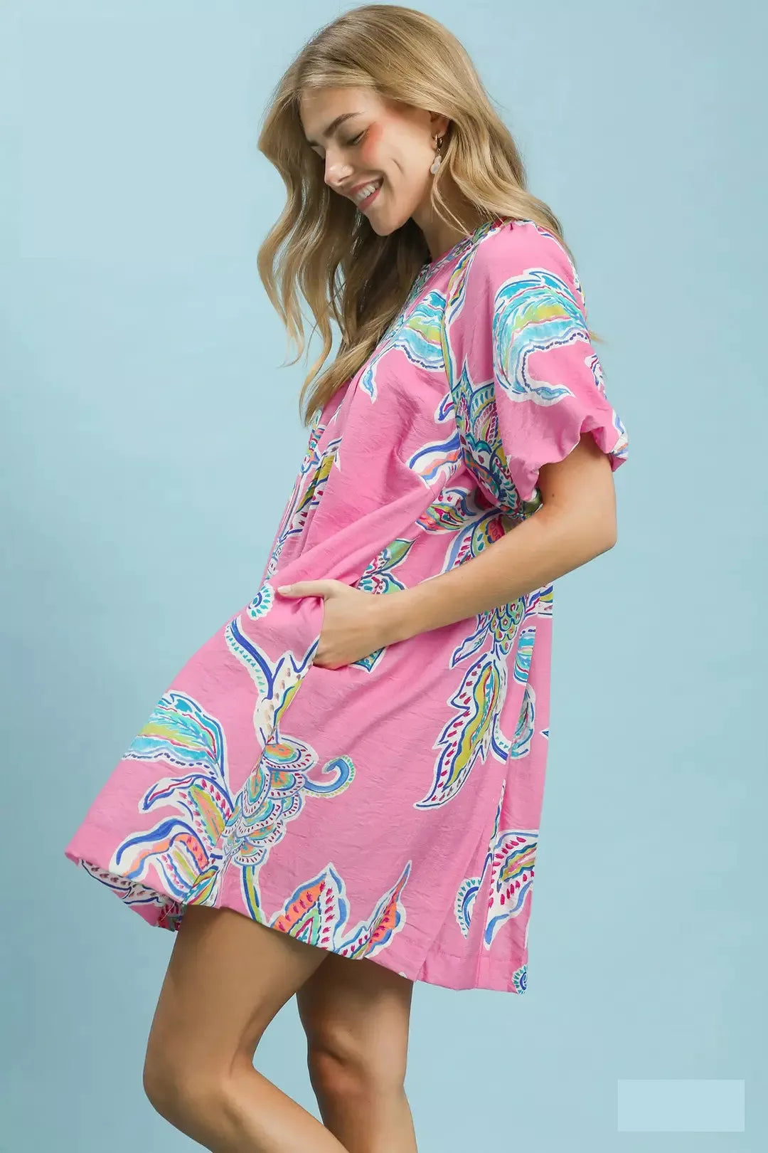 Boho Floral Print Mini Dress with Pockets back view
