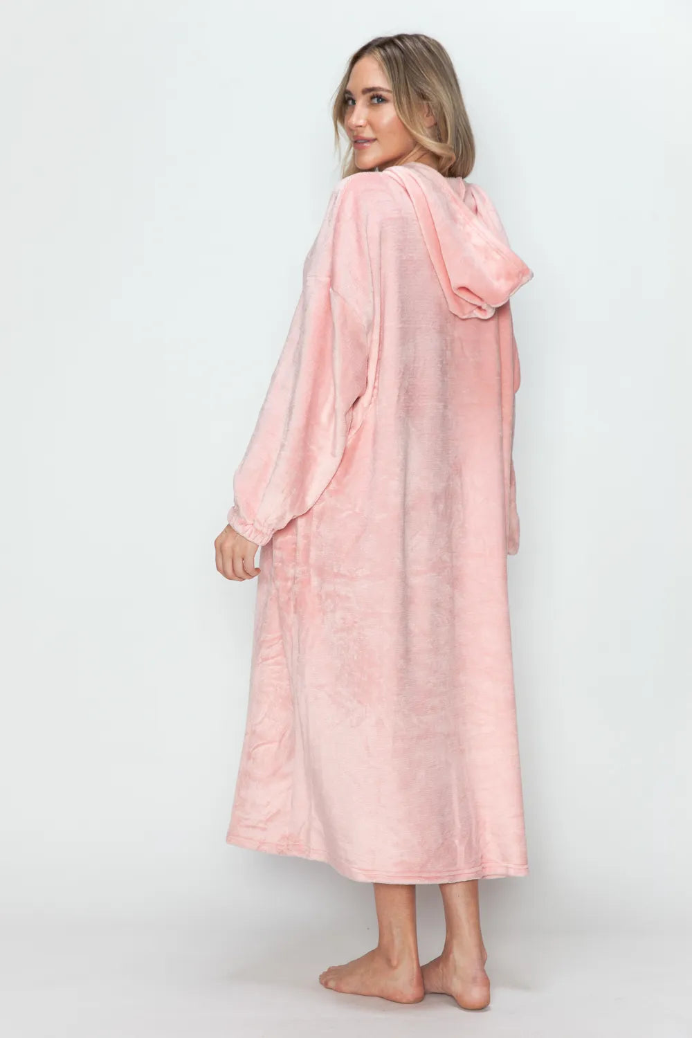 Back view of hooded midi dress with hood down