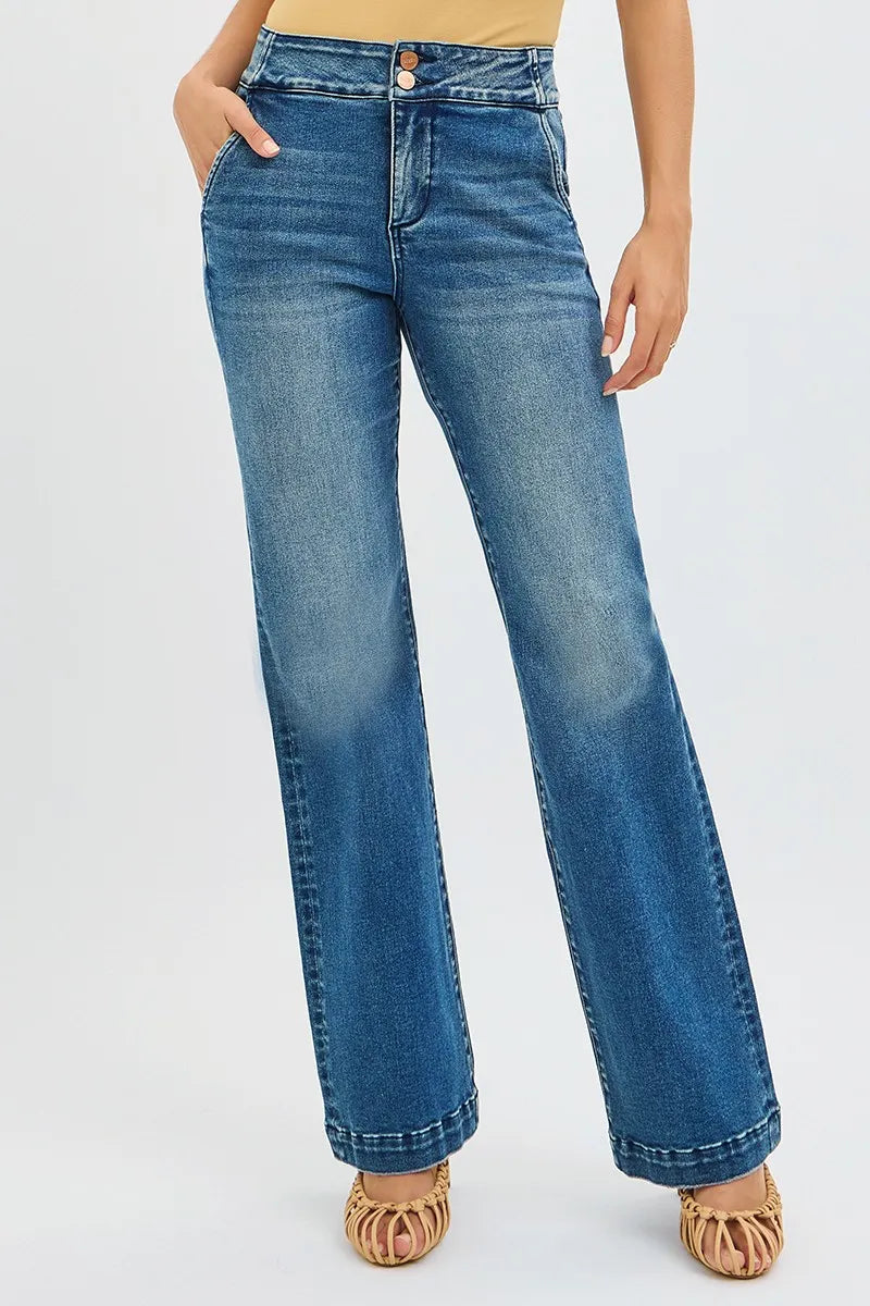 RISEN high rise double button bootcut jeans front view in dark blue