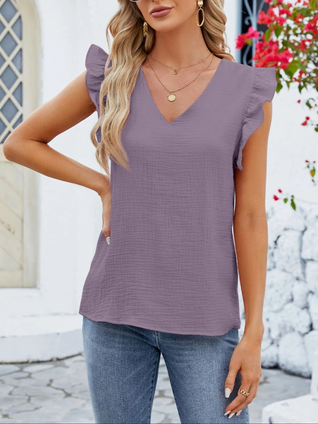 V-Neck Ruffled Sleeve Top - Fashorio