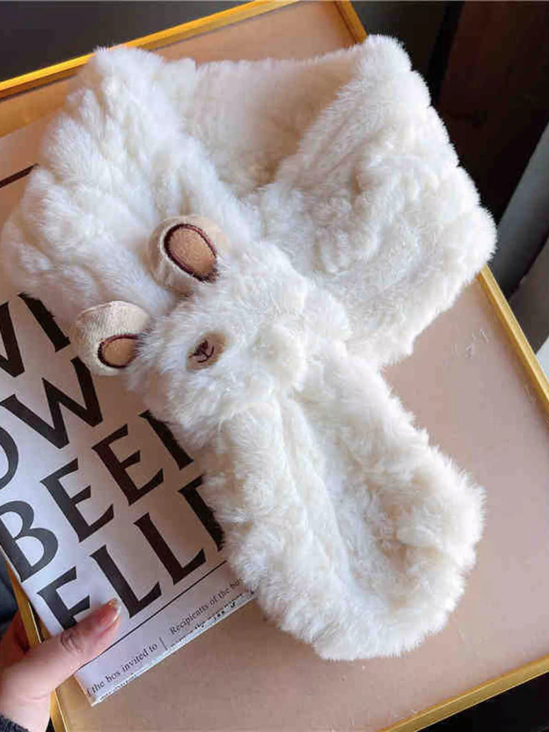 Animal plush scarf wrapped around the neck