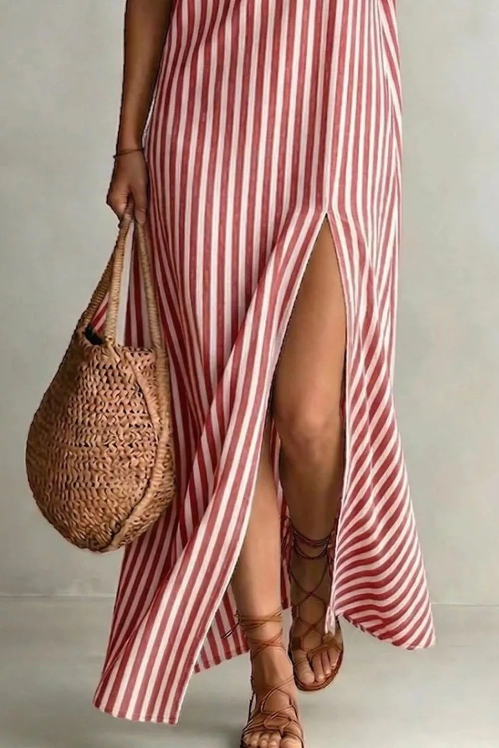 Striped high slit maxi dress styled look