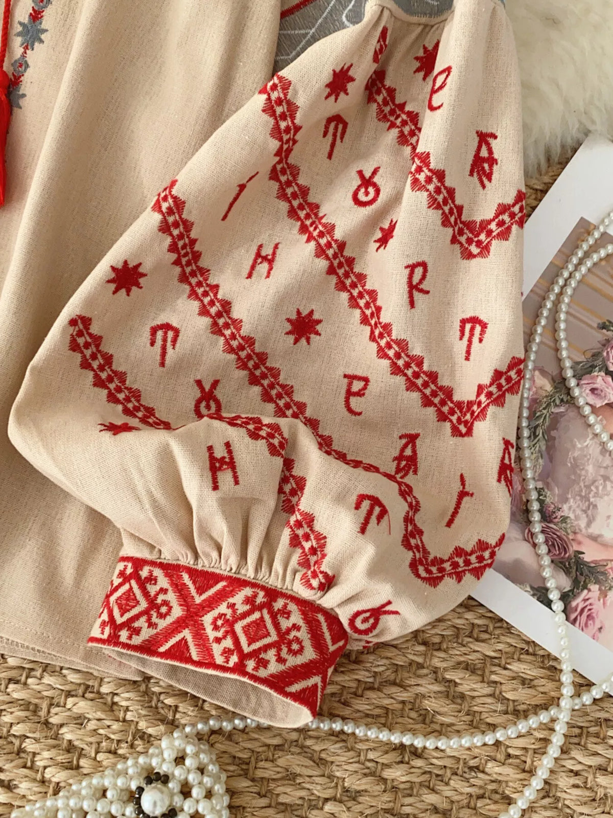 Embroidered tie neck blouse full length look