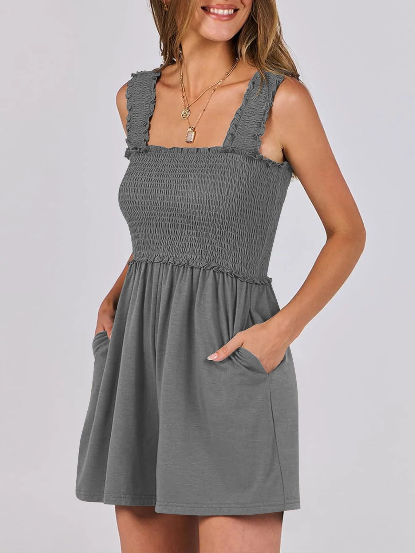Smocked Square Neck Summer Romper Dark Gray - Fashorio