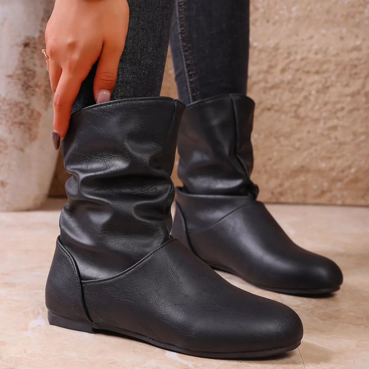 Flat Ankle Boots with Wrinkled Design side profile