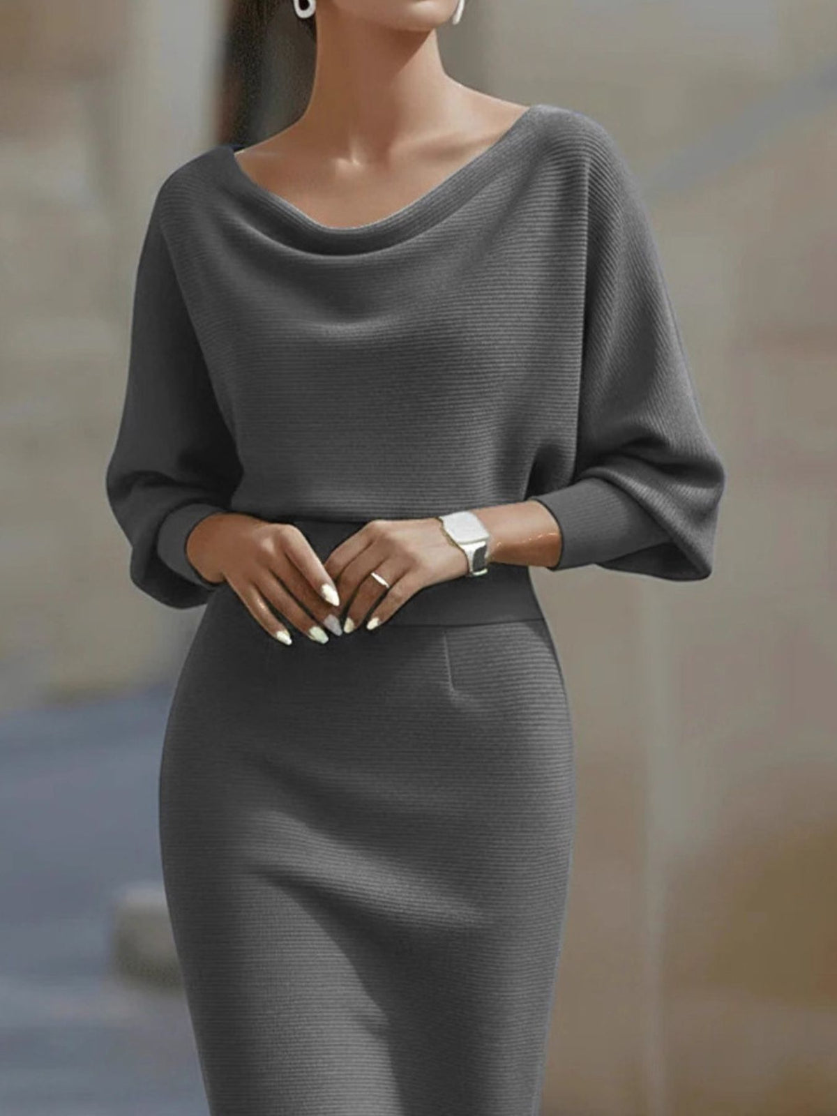 Cowl neck knit bodycon dress styled look