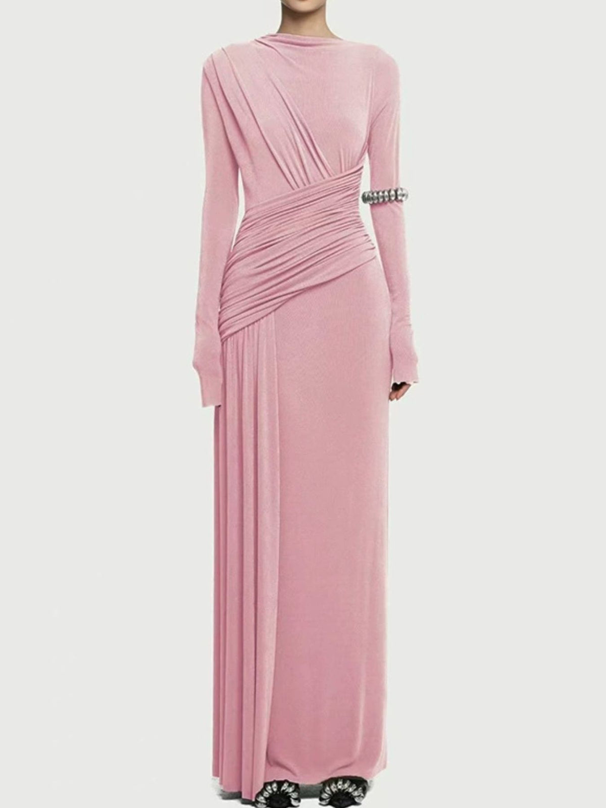 Ruched long sleeve maxi dress, movement shot