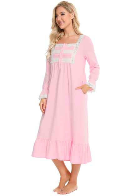 Lace Detail Square Neck Flounce Sleeve Night Dress - Fashorio