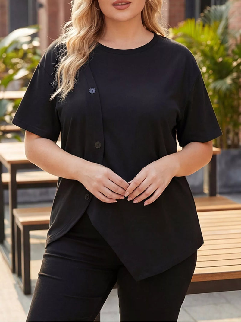 Black asymmetrical button short sleeve t-shirt plus size front view