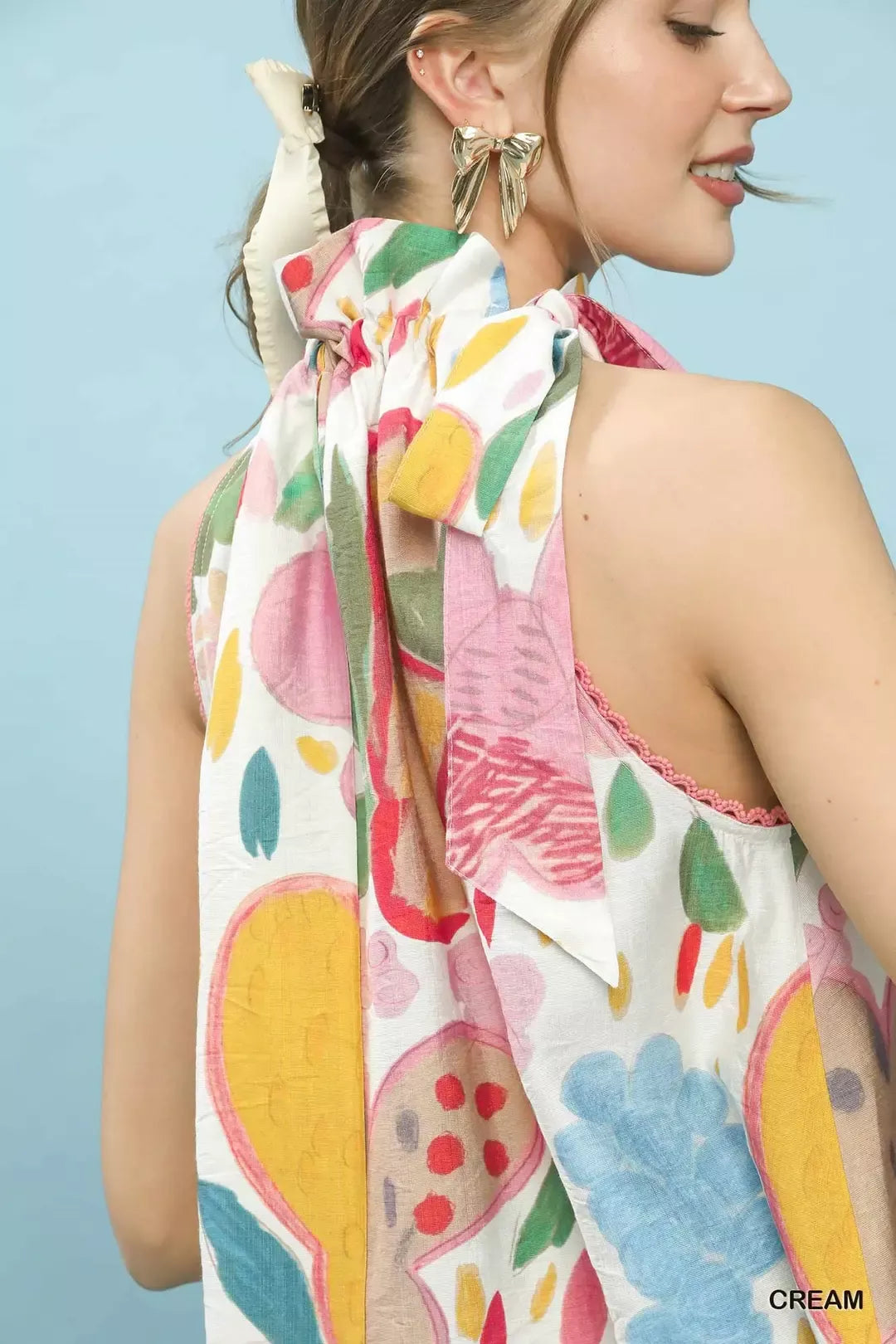 Umgee cream floral halter neck boho top fabric detail